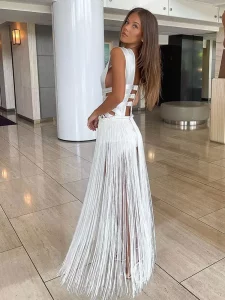 White Bandage Tassel Patchwork Hem Long Dress Women Sexy Off Shoulder Sleeveless Backless Dresses 2024 Lady Beach Party Robes - Image 2