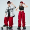 Girls Silver Short Sleeve Shirt Hip Hop Joggers Boys Ballroom Street Dance Costumes Kids Streetwear Child Jazz Punk Clothes Sets - Image 3