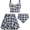 ROSEGAL Plus Size Padded Plaid Three Piece Swimwear Women Tankini Top,Briefs And Skirt Fashion High Waist Beachwear Bathing Suit