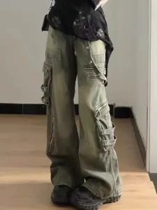 Oversized Washed Vintage American Rivet Stitching Jeans for Women with High Waisted Loose Fitting and Slim Wide Leg Mop Pants - Image 5