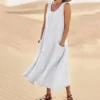 Chic Women Coton Linen Sundress Summer Female Sleeveless Double Big Pocket Loose Sand Beachwear Long Dress Oversized Vestidos - Image 3