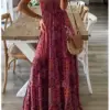 Women Fashion Boho Vintage Maxi Dress Loose Print Deep V Neck High Waist Dresses Spaghetti Strap Summer Retro Vestidos Clothes