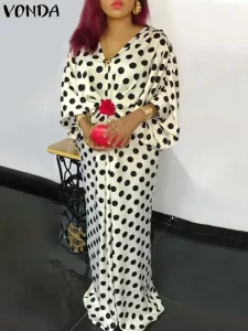 2023 VONDA Bohemian Ruffled Maxi Dress Women Long Sleeve Crochet Sundress Autumn V Neck Vintage Polka Dot Beach Party Dresses - Image 2