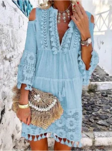 Beach Boho White Lace Fashion Eu Boho Mini Dress Women Autumn Pop Tassel Loose V Neck Dresses Lady Beach Female Clothing - Image 4