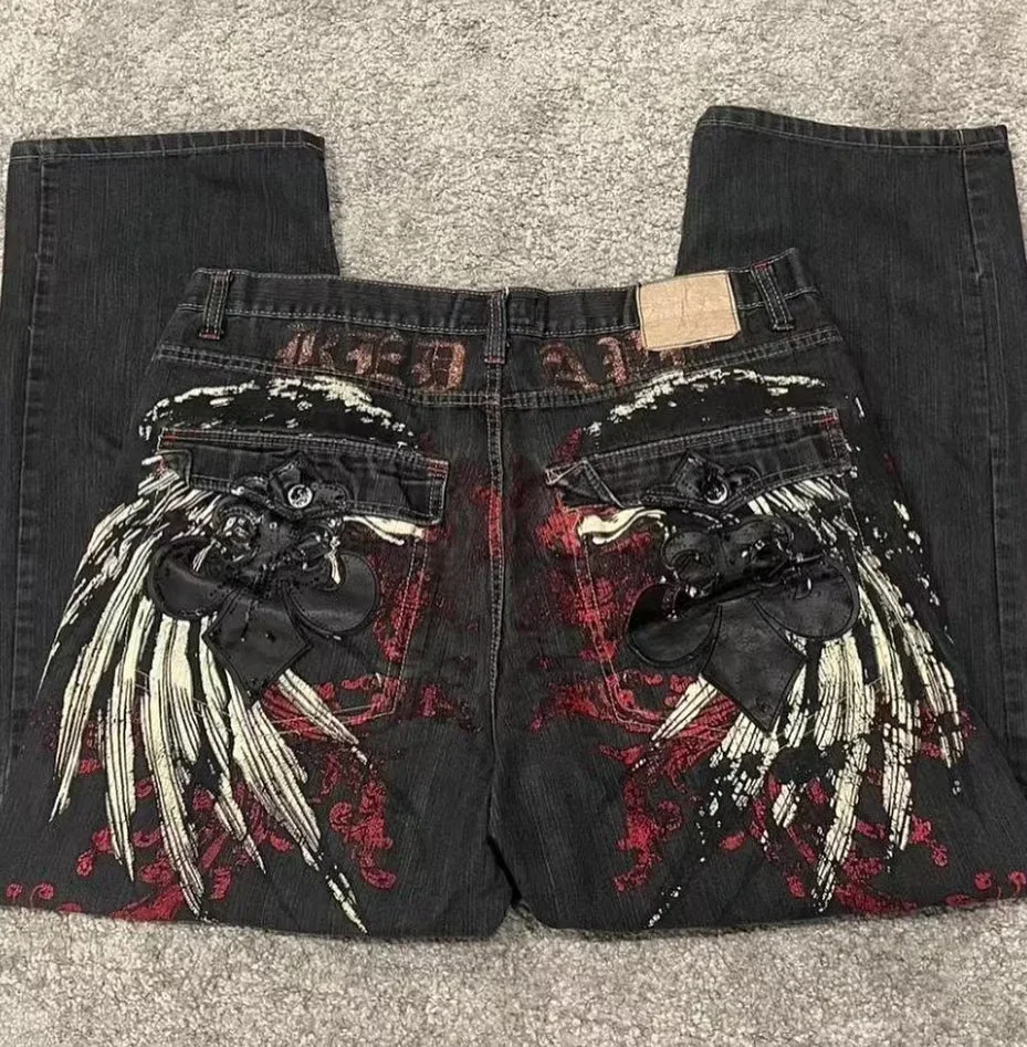 American New Vintage Oversized Print Loose Jeans Y2K Street Fashion Harajuku Hip-hop Punk Style Casual Trousers Men And Women