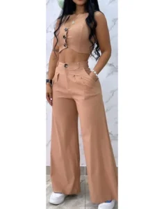 Sexy Womens Two Piece Sets Outfit Buttoned Vest Coat & Wide Leg Pants Set New Fashion 2023 Casual Elegant Female Suit - Image 2