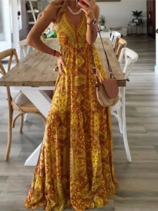 Women Fashion Boho Vintage Maxi Dress Loose Print Deep V Neck High Waist Dresses Spaghetti Strap Summer Retro Vestidos Clothes - Image 4