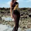 Sexy Sleeveless One Shoulder Printed See Through Mesh Dresses for Women 2024 Summer High Slit Slim Black Beach Holiday Dress