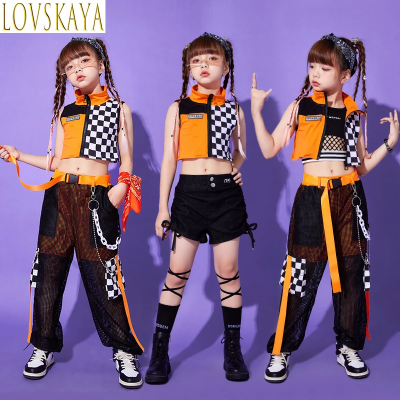 Girls Jazz Dance Clothing Youth Clothing Cutting Tank Top Mesh Hip Hop Pants Children's Show Dance Clothing