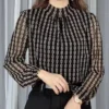 2024 Spring Autumn Commute Half High Collar Plaid Fashion Printed T-shirt Patchwork Female Clothing Long Sleeve Gauze Pullovers - Image 2