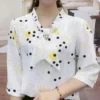 Spring Summer Polka Dot Printed Blouse Casual 3/4 Sleeve Female Fashion V-Neck Bow Chic Pearl Three-dimensional Decoration Shirt - Image 2