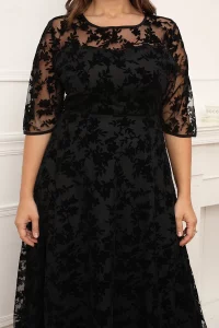 Plus Size Short Sleeve Maxi Dress Women Black Lace Flocking Mesh Velvet Double Layer Long Formal Dress Elegant Party Dress - Image 6