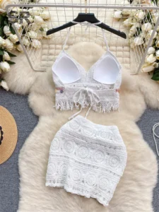 SINGREINY Knit Bikini Two Piece Set Women Summer Backless Tassel Sequins Camisole Mini Skirt Retro Fashion Vacation Beach Suit - Image 3