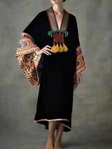 Vintage Ethnic Pattern Kaftan Sexy V-neck Batwing Sleeve High Waist Maxi Dress Tunic Women Clothing Velvet A-Line Maxi Dress - Image 2