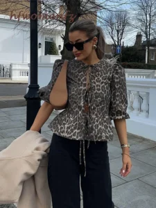 Women Leopard Print Shirt Blouse Bow Lace Up Hollow Out O-neck Ruffles Short Puff Sleeve Top Female 2024 Summer Lady Streetwear - Image 2