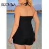 Plus Size 8XL Solid Black two Pieces Tankini Swimsuit Summer Sexy Deep V Swimdress Backless Push Up Beachwear Bathing Suit - Image 3