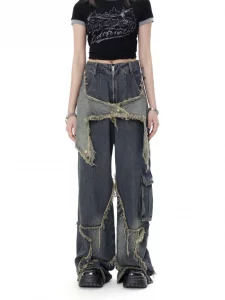 New women star stitching tassel pants American retro high street jeans loose wide leg pants trendy punk y2k pants - Image 5