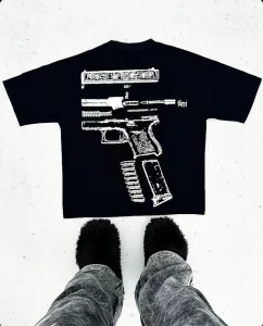 Street American Hip Hop Vintage Machine Gun Alphabet Print Oversized T-shirt for Men Y2k Harajuku Fashion Goth Style Shirt - Image 4