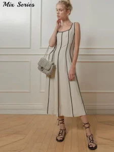 Striped Spaghetti Strap Square Collar Dress Women Sleeveless Backless Midi Dresses 2024 Summer New Ladies Elegant A-line Robes - Image 5