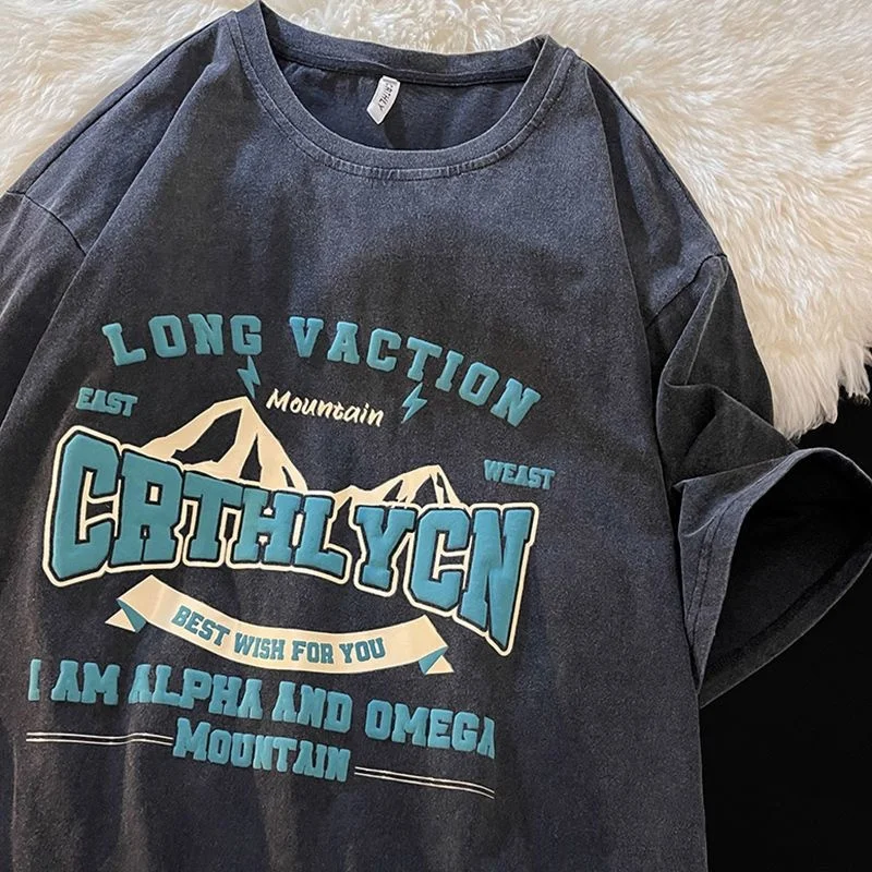 American short sleeved t-shirt men summer trendy brand loose large size washed old retro vintage half sleeves oversized t shirt - Image 4