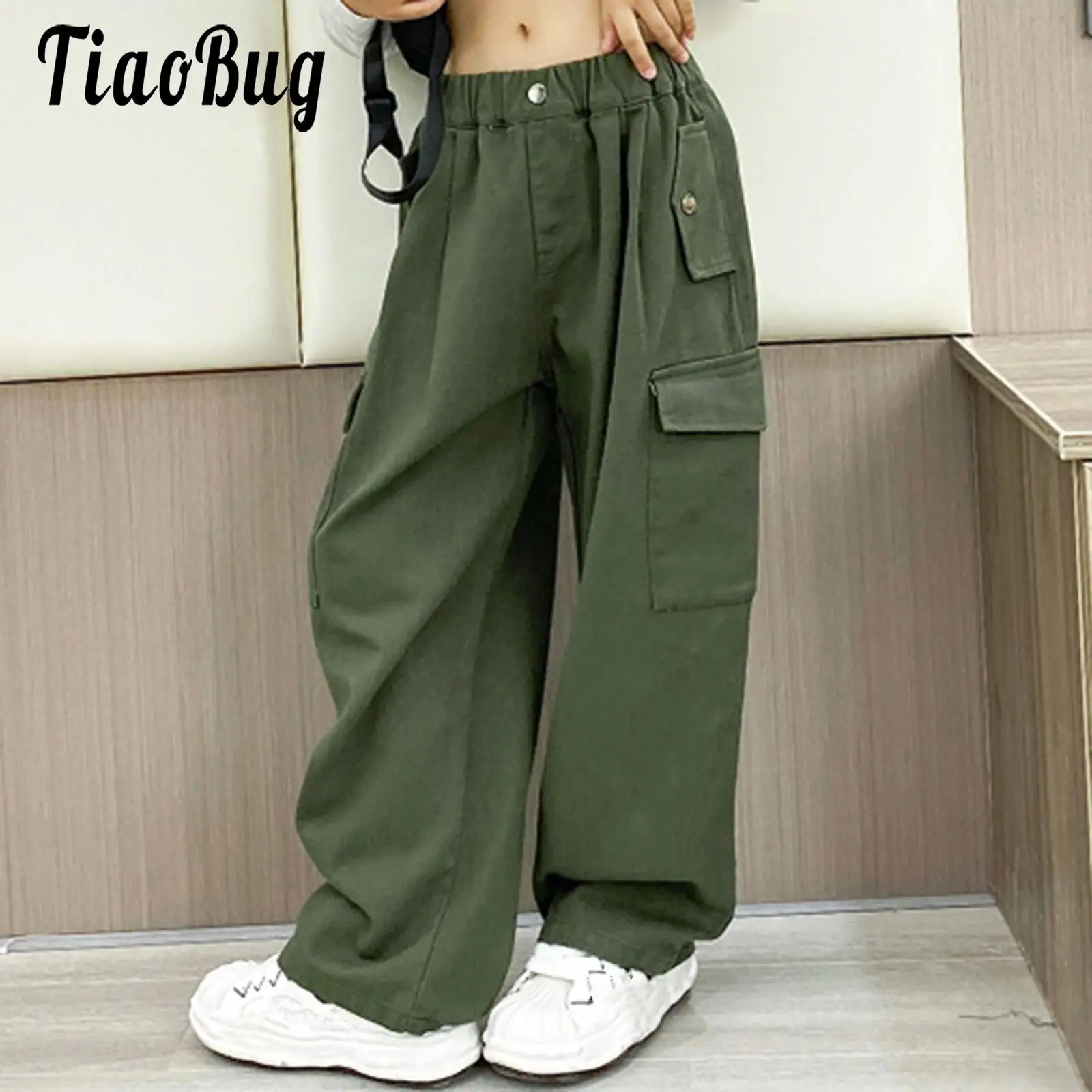 Girls Kids Baggy Jogger Cargo Pants High Waist Loose Wide Leg Casual Hip Hop Jazz Dance Trousers Girl Streetwear Solid Color