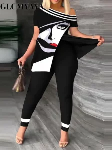 CM.YAYA-Women's Off Shoulder Short Sleeve Printed Side Split T-shirt and Legging Pants, 2-Piece Set Outfit, Tracksuit, 2023 - Image 3