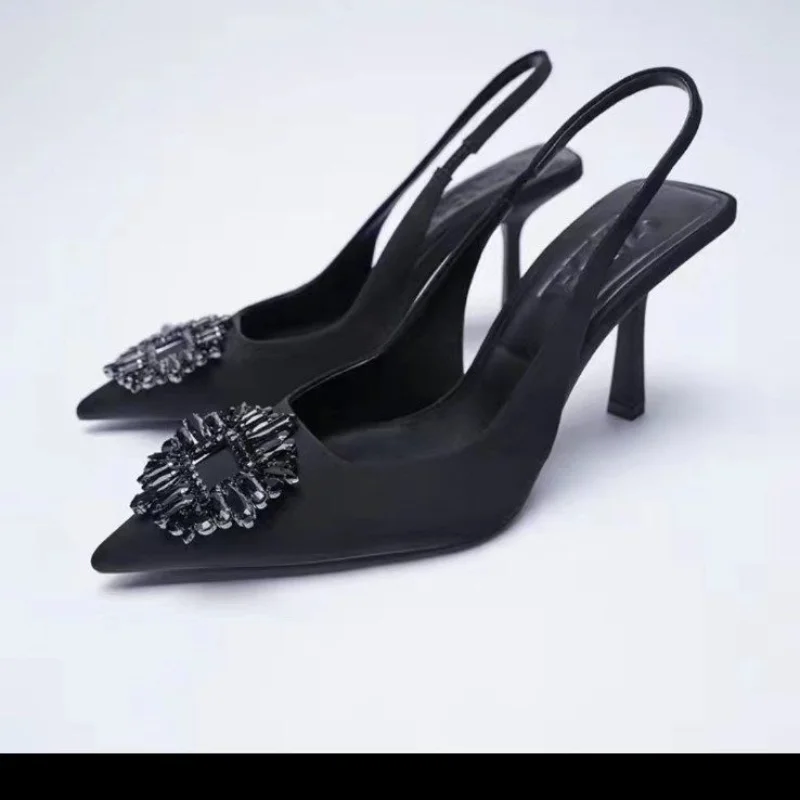 Shoes Female 2023 New Slingbacks Women's High Heels Summer Solid Office and Career Fashion Pointed Toe Sexy Crystal High Heels