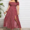 Women Summer Plus Size Dress Chest Wrapped Short Sleeve Split Flowy Hem Off Shoulder Print Maxi Boho Dress Streetwear - Image 3