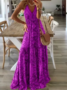 Women Fashion Boho Vintage Maxi Dress Loose Print Deep V Neck High Waist Dresses Spaghetti Strap Summer Retro Vestidos Clothes - Image 3