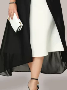 Plus Size Chiffon Panel Contrast Dress Woman Summer White and Black High Waist Maxi Long Dress Fake 2 Pieces Elegant Dresses - Image 3