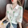 Fashion Lapel Loose Bandage Bow Polka Dot Shirt Women's Clothing 2023 Summer New Oversized Casual Tops Half Sleeve Korean Blouse - Image 6