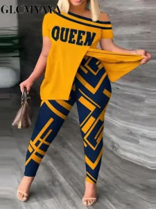 CM.YAYA-Women's Off Shoulder Short Sleeve Printed Side Split T-shirt and Legging Pants, 2-Piece Set Outfit, Tracksuit, 2023 - Image 5