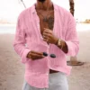 Cross-border 2024 new men's spring/summer cotton and linen lapel beach shirt long sleeve solid color holiday clothing - Image 2