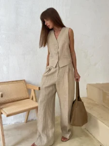 Wolfeel Womem Linen Cotton Chic Vest ＆ Pants Suit Two-Piece Set Office Ladies Summer Chic 2 Piece Sets Womens Outfits - Image 5