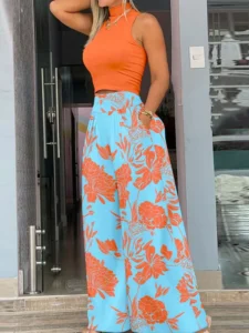 Sexy Sleeveless Print Crop Top And Pant Two Piece Sets Women 2023 Summer Casaul Wide Leg High Waist 2 Piece Sets Women Outfit - Image 5