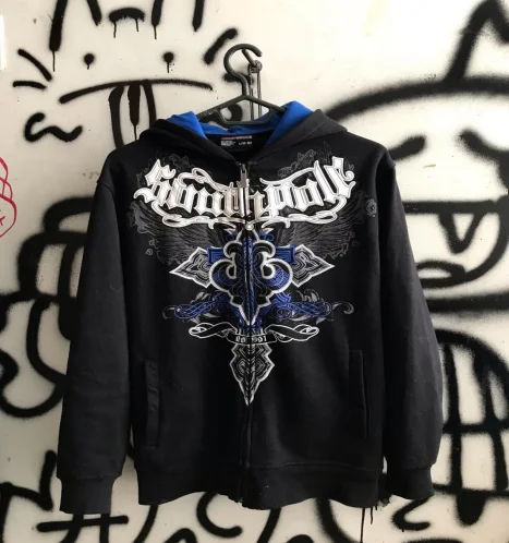 Retro Gothic black long-sleeved cross-print hoodie y2k American high street daily Harajuku sports loose zipper hoodie for men