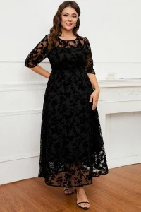 Plus Size Short Sleeve Maxi Dress Women Black Lace Flocking Mesh Velvet Double Layer Long Formal Dress Elegant Party Dress - Image 4