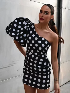 Elegant Slant Shoulder Polka Dot Dress Short Dress For Women Sexy Half Sleeve Backless Female Mini Dresses Street Party Vestidos - Image 2
