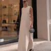 Women Button Split Sleeveless Maxi Dress Elegant O-neck Off Shoulder Loose Long Robes 2024 New Female High Street Vestidos