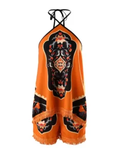 Women Two Piece Outfits 2022 Wome Tribal Print Tassel Trim Halter Top & Vintage Shorts Set - Image 5