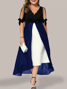 Plus Size Chiffon Panel Contrast Dress Woman Summer White and Black High Waist Maxi Long Dress Fake 2 Pieces Elegant Dresses - Image 6