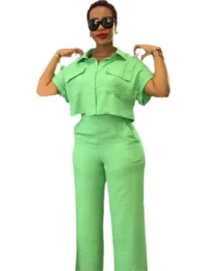 Women's Two Piece Sets Spring Summer Casual Solid Turn-down Neck Short Sleeve Loose Top & Wide Leg Pants Set Streetwear Outfits - Image 5