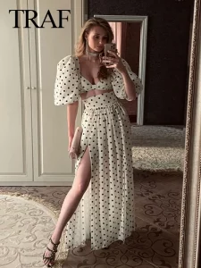 TRAF Women Fashion Skirt Suit 2024 Spring Elegant Short Sleeve Square Neck Polka Dots Printed Cropped Top High Waist Slit Skirt - Image 4