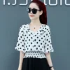 Elegant Ruffles Spliced Shirring Polka Dot Blouse Women's Clothing 2023 Summer New Casual Pullovers Korean Flare Sleeve Shirt - Image 2