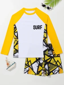 Boy Swimsuit 2024 New Solid And Print Long Sleeve Children Swimwear Summer Kids Beach Wear Shorts Swimming Bathing Suit For Men - Image 6