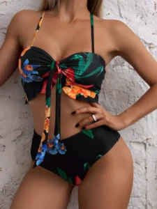 3 Pieces Floral Print Knot Front Bikinis 2023 Women Ruffle Swimwear Female High Waist Swimsuit With Beach Skirt Bathing Suit - Image 2