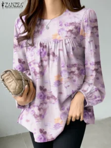 2024 ZANZEA Elegant Floral Printed Work Tops Bohemian Women Blouse Fashion Spring O Neck Long Sleeve Shirt Casual Holiday Blusas - Image 2
