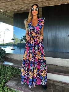 2023 New Ruffle Sleeveless Printed Skirt Ladies V Neck Elegant Long Dress Waist Slimming Temperament Robe - Image 2