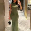 kliou Solid Elegant Maxi Dress Women Classic Simple Sleeveless O-neck Body-shaping Ruched Robe Female 2024 New Party Vestidos