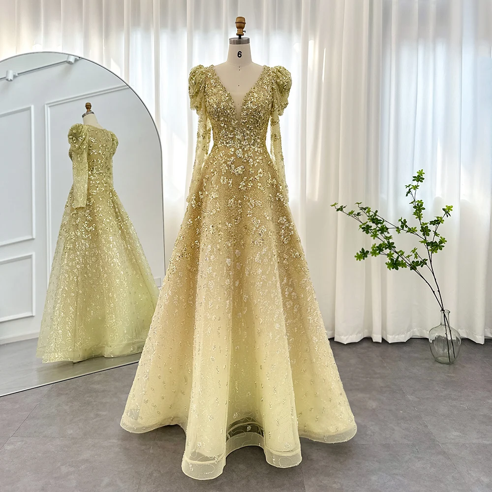 Sharon Said Luxury Dubai Yellow Arabic Evening Dress Elegant Long Sleeve Blue Muslim Women Wedding Formal Party Gowns SS291